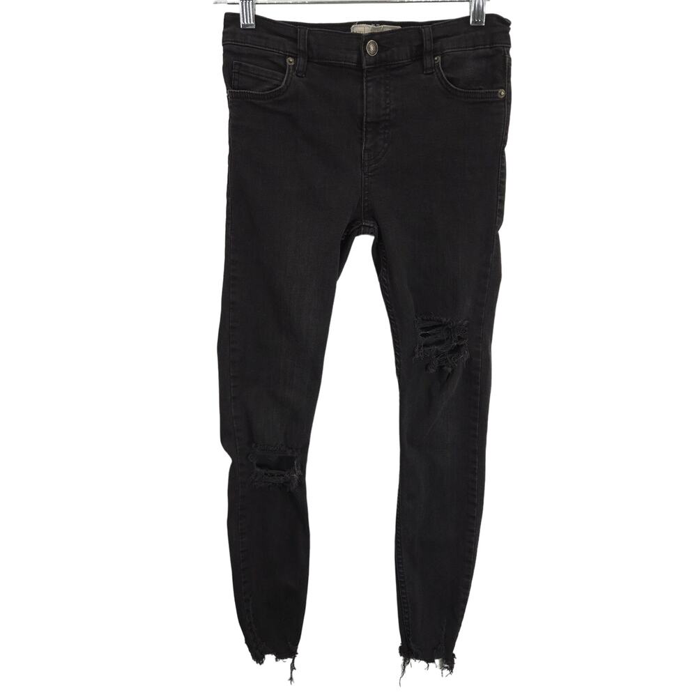 Free People Jeans Womens 26 Black Ankle Skinny Leg Distressed Stretch Moto Denim